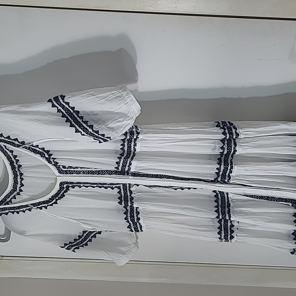 Sundance Sea La Vie White & Black Border Embroidered Tiered Dress